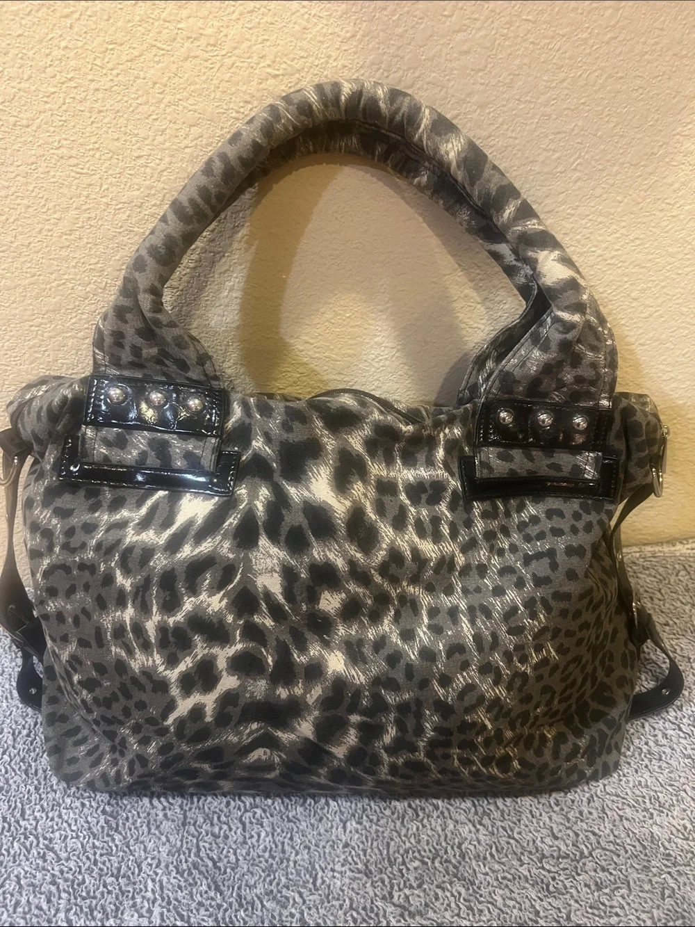 Tattoo Inspired Leopard Print Satchel with Colorful Heart Graphic - Gray